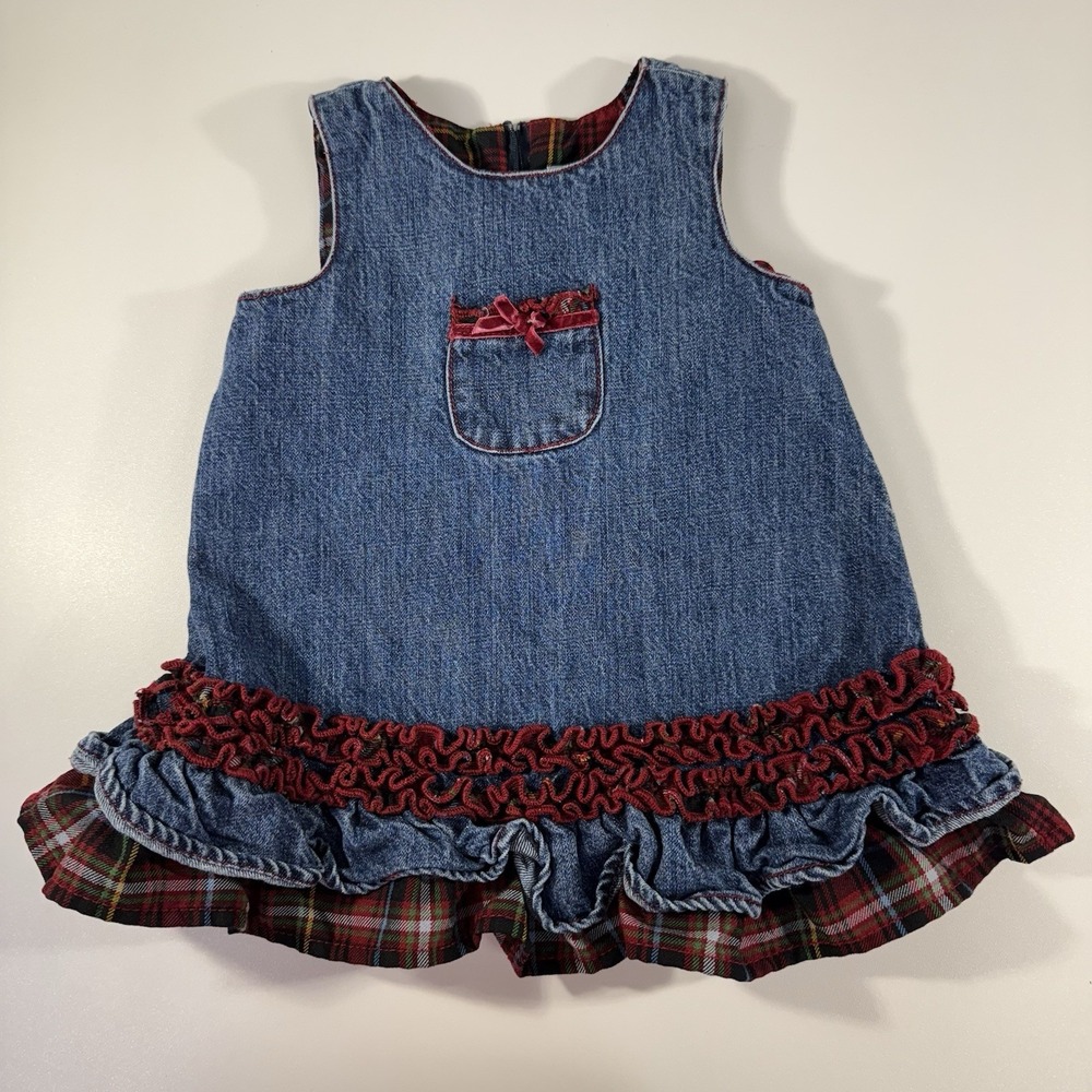 The‎ Children's Place 3-6 Month Denim Jumper Red Plaid Ruffles Fall Christmas